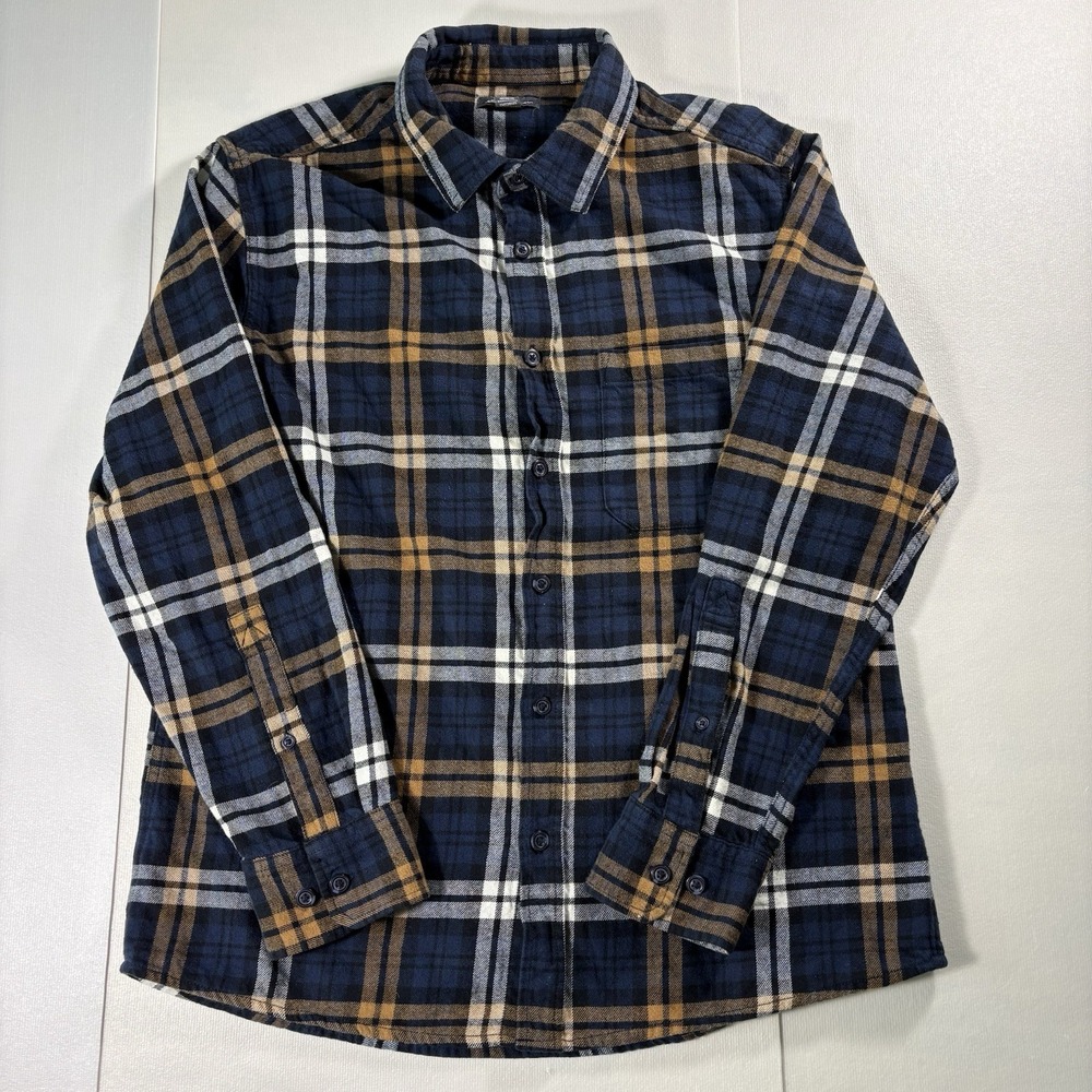 Eddie Bauer Medium Blue Brown Plaid Flannel Button-Up Shirt Cotton